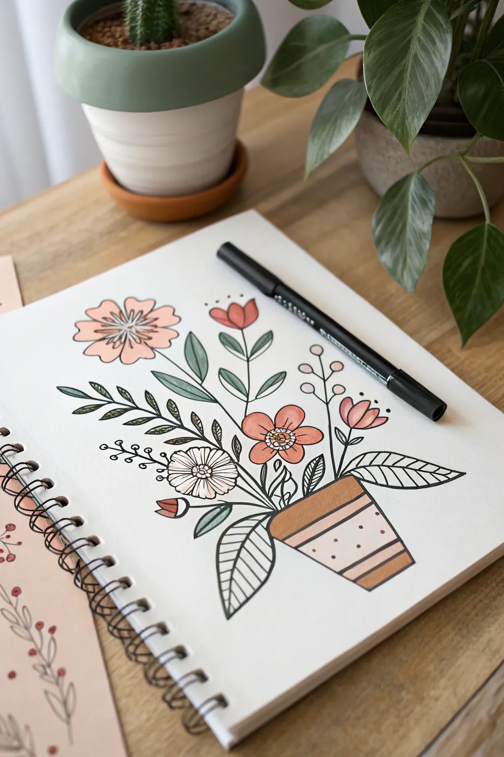 Bold marker outline flower pot with flat colors for an easy minimalist boho drawing