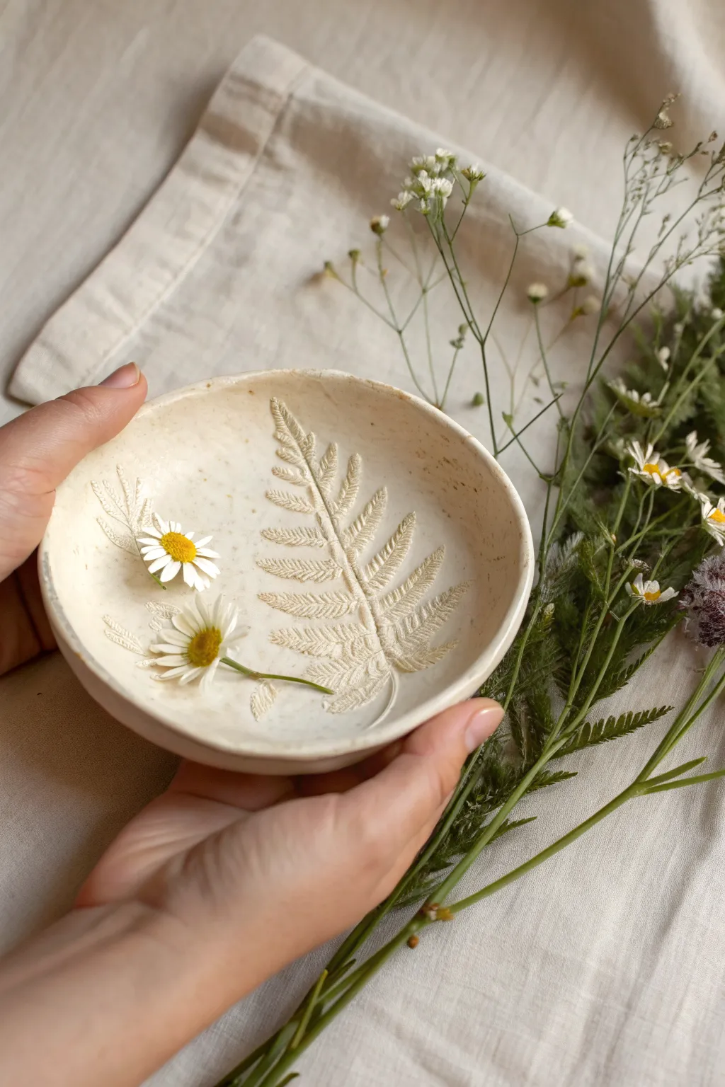 Botanical imprint trinket dish with crisp flower fossil details, simple clay beauty and calm contrast