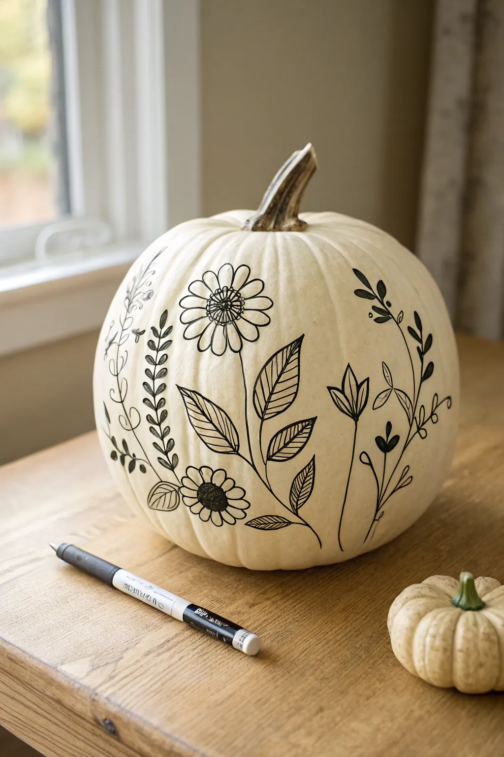 Minimal line-art florals on a pumpkin with paint pens for a clean Scandinavian boho look