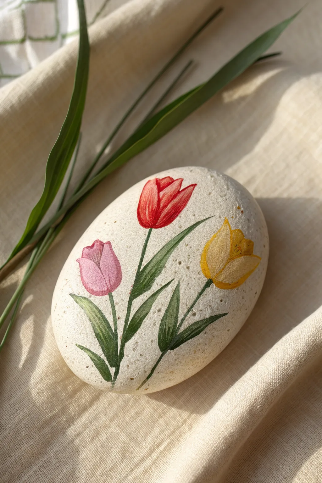 Tulip trio rock painting in spring pink, red, and yellow with clean minimalist stems