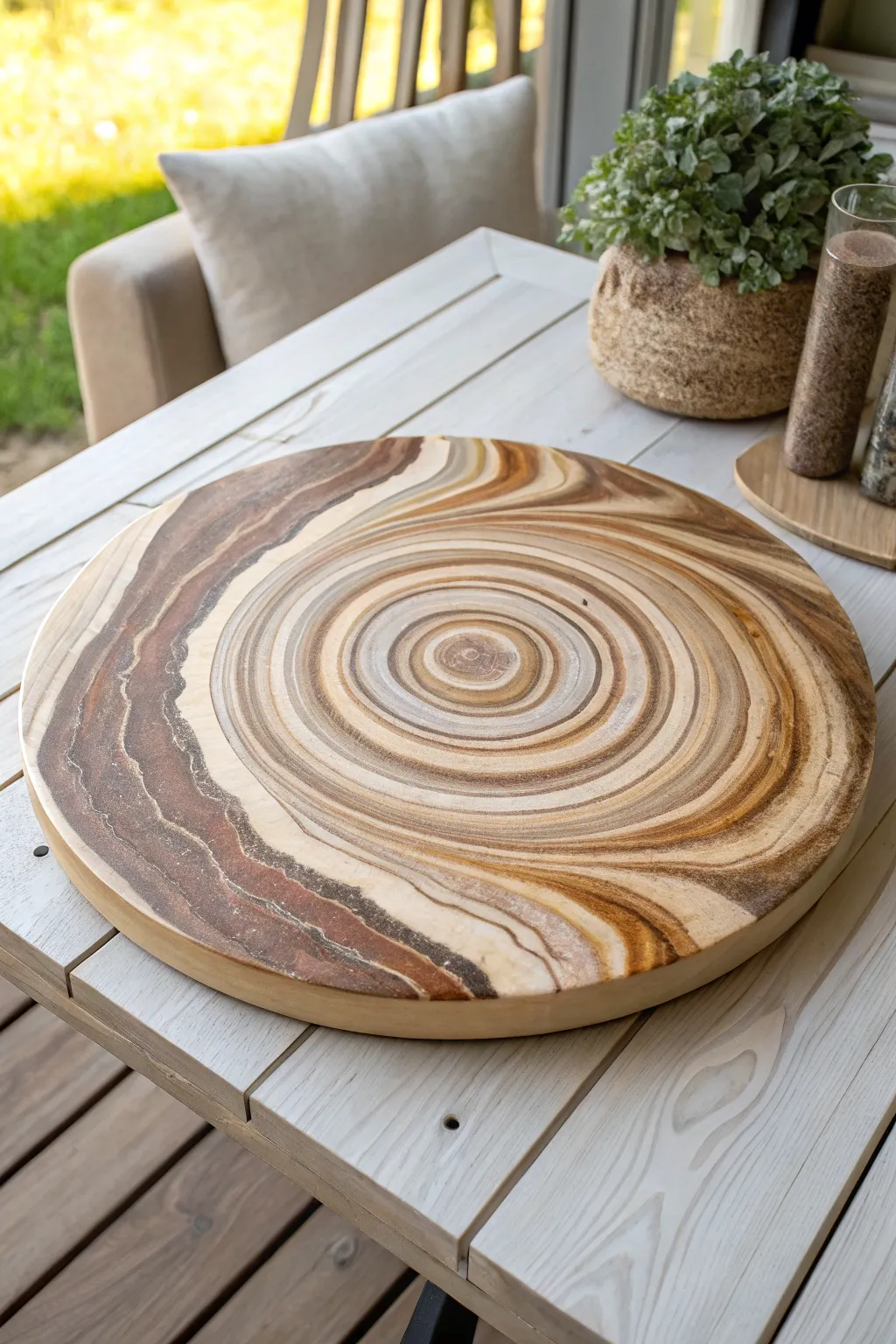 Earthy tree-ring pour in warm neutrals and deep browns, calming ripples with bold contrast