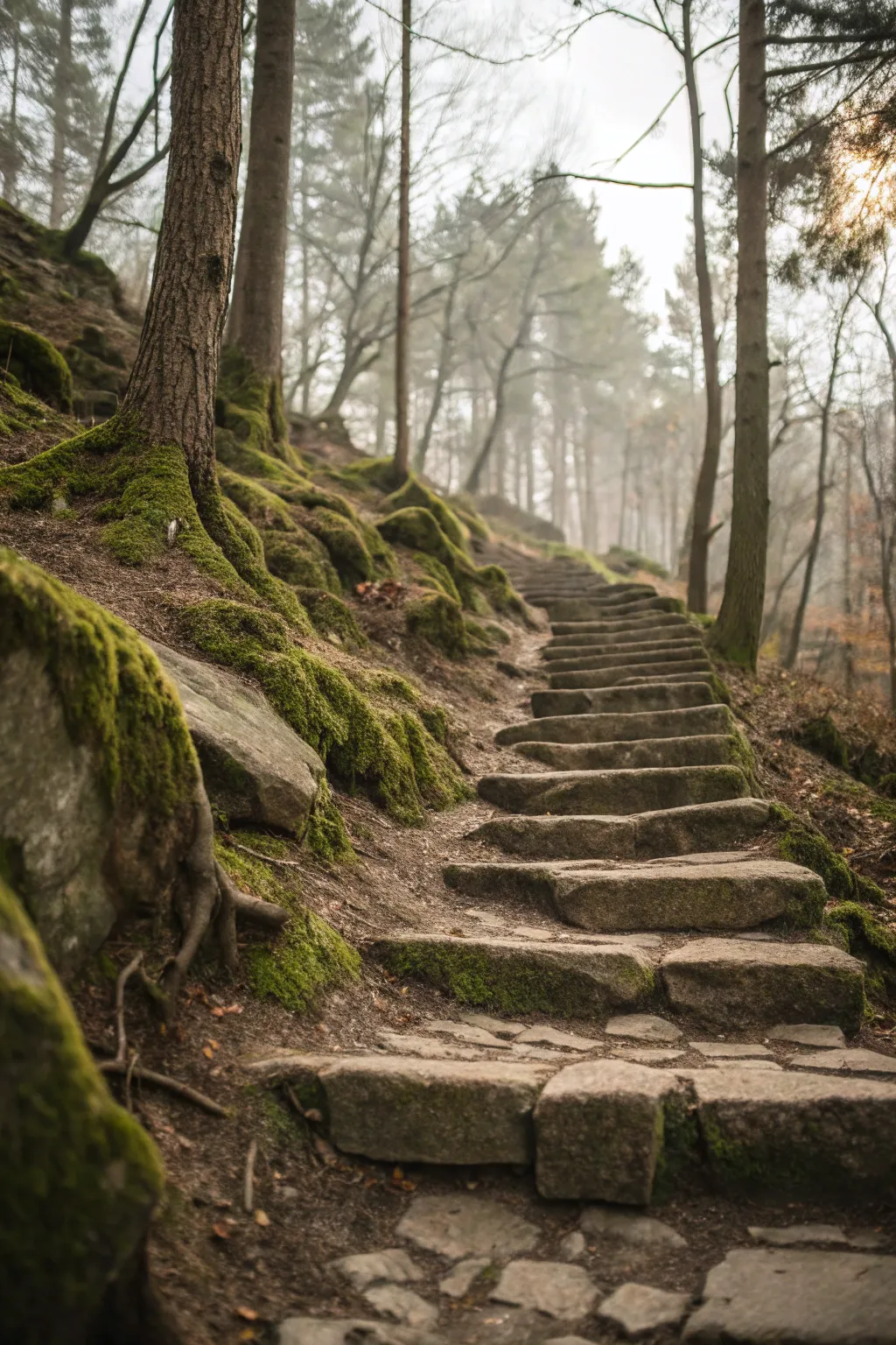 Terraced forest hillside: mossy stone steps and retaining rocks, calm Scandinavian boho mood