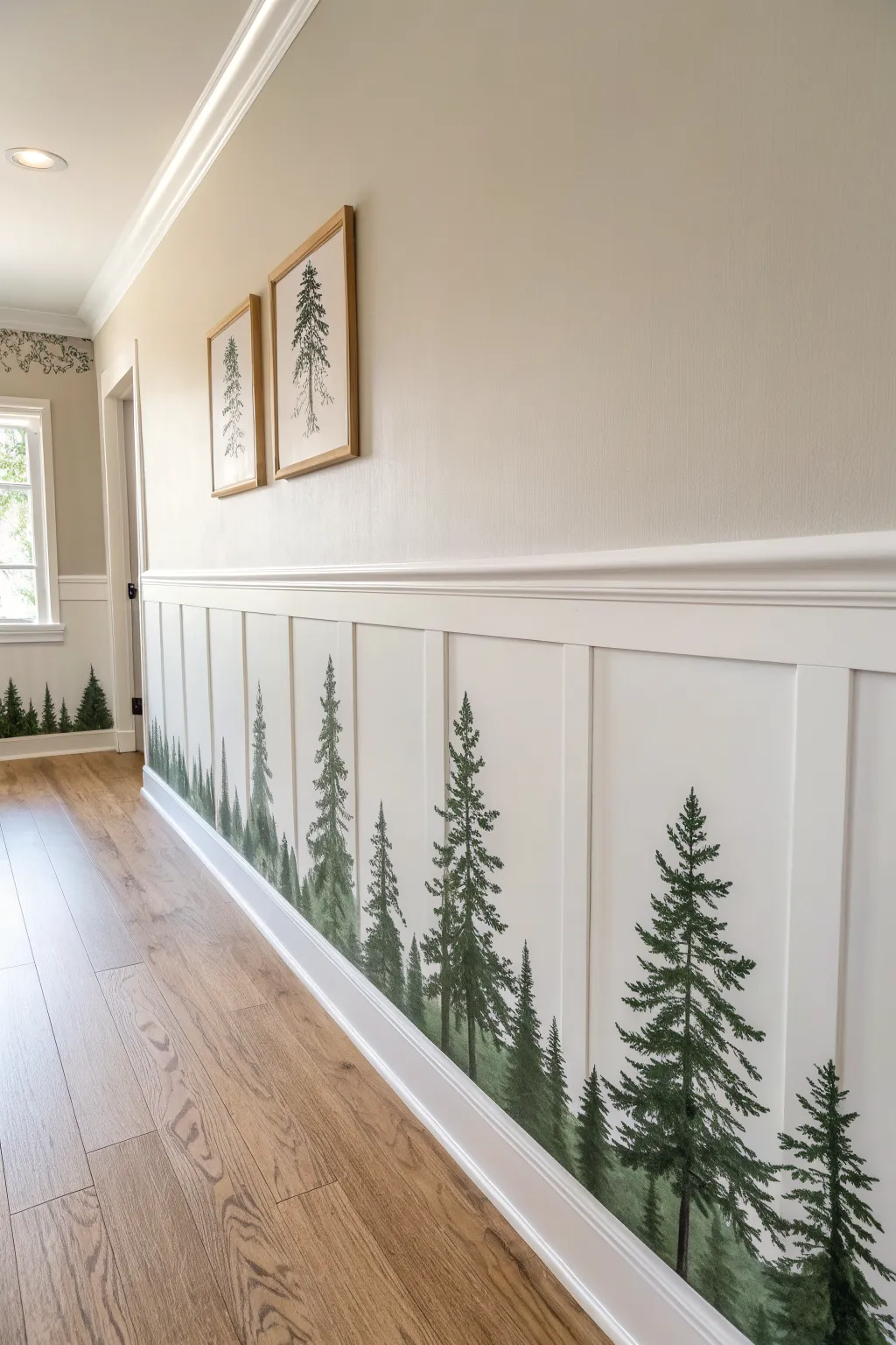 Simple pine horizon band at chair-rail height for an easy, calming forest wall border.