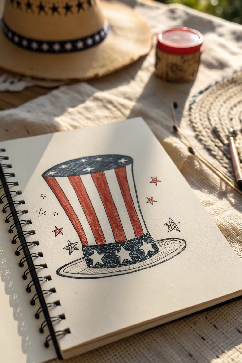 Minimalist patriotic top hat doodle with bold lines and soft shading in red, white, and navy