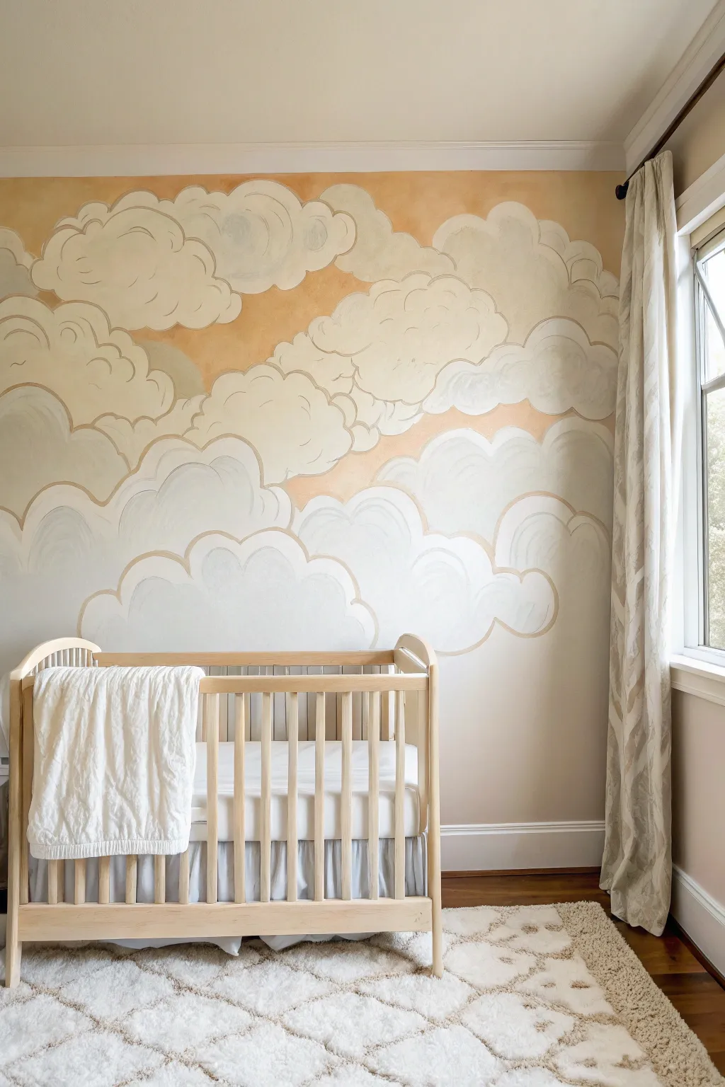 Dreamy freehand cloudscape with soft blended edges for a calm, minimalist nursery wall.