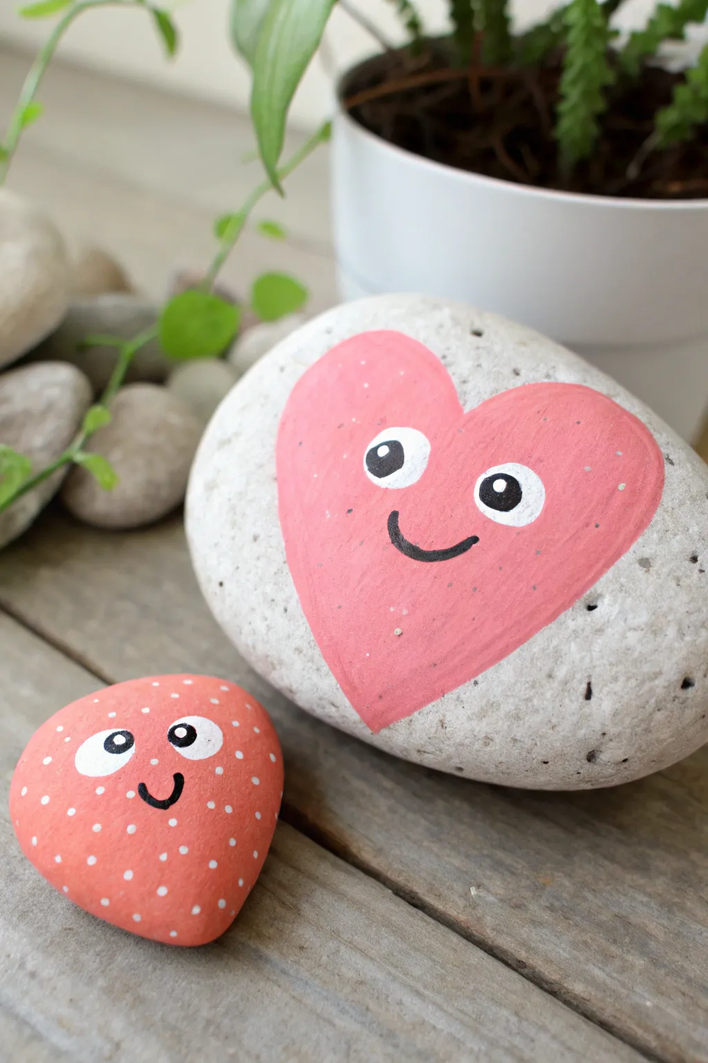 Googly-eyed heart buddy rocks in soft minimal boho styling, a sweet friendship rock duo