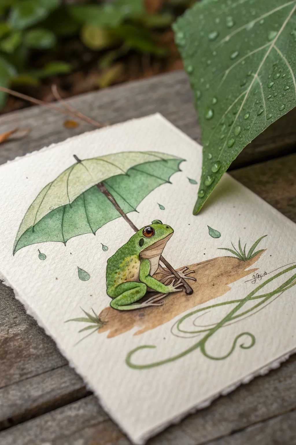 Cozy frog under a big leaf umbrella, minimalist boho watercolor with calming rainy-day mood.
