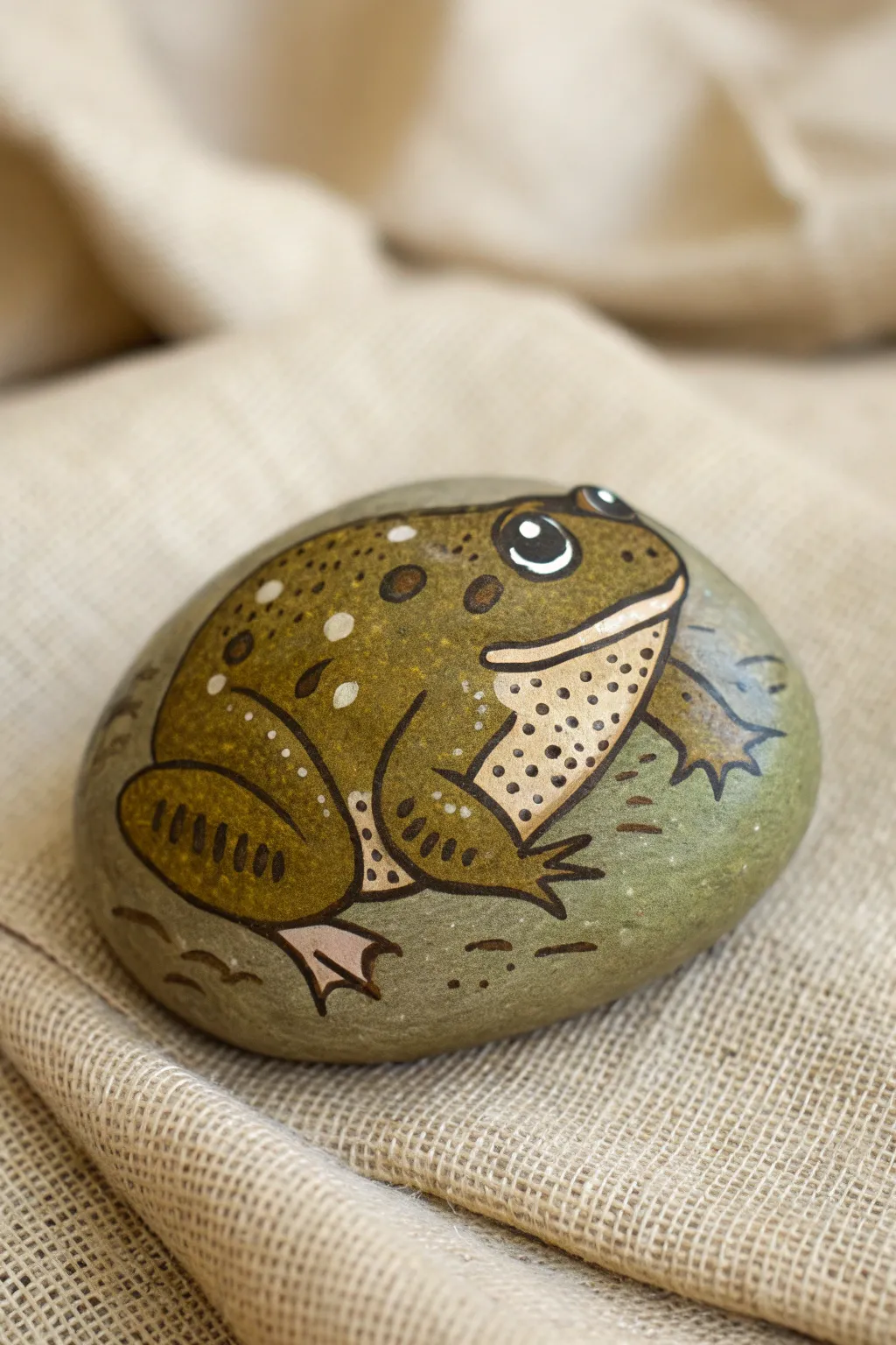 Earthy toad frog rock with bumpy warts in olive browns, minimalist boho on linen
