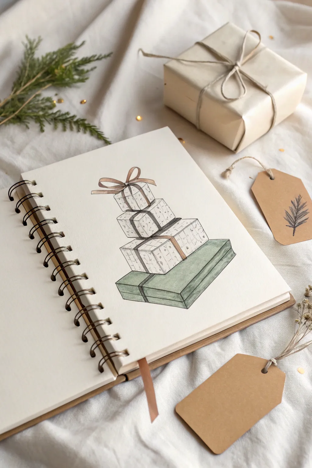 Simple 3D gift box stack in muted Nordic tones, perfect for fun Christmas drawing practice
