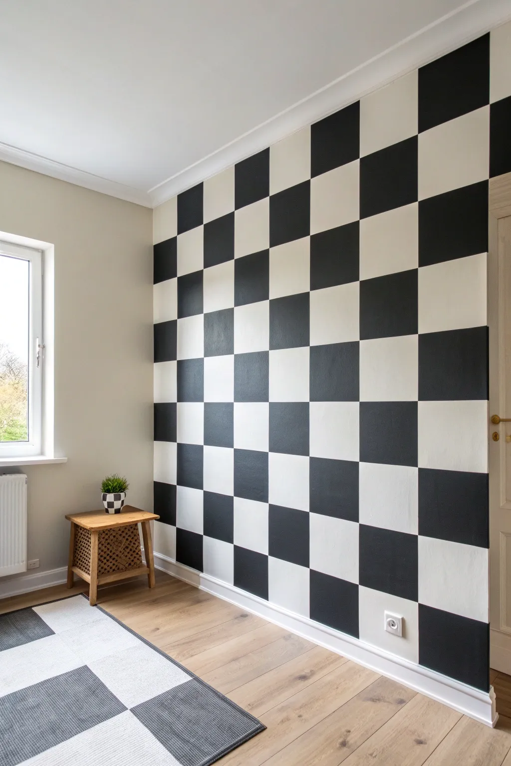 Oversized checkerboard wall paint turns a cozy corner into a bold, modern statement.