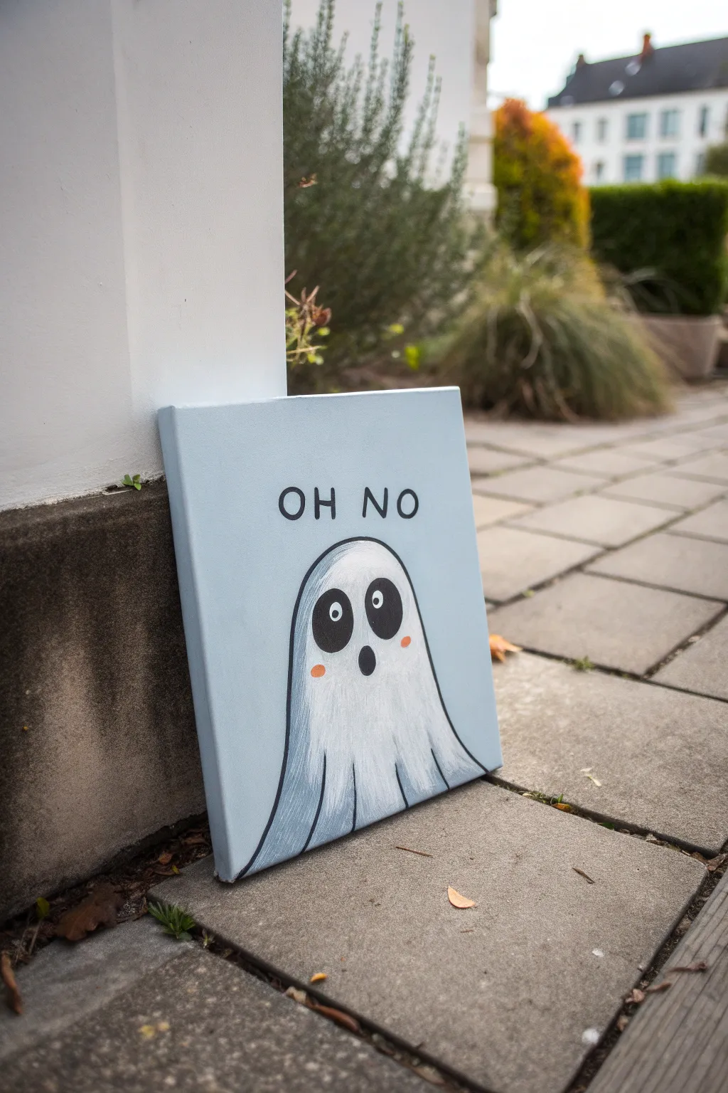Acrylic sheet ghost with big eyes, bold outlines, and a calm blue-gray backdrop for a cute giggle