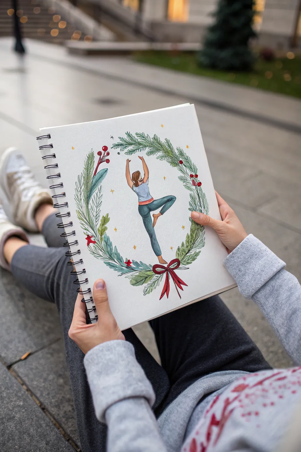 Minimalist boho wreath tries a yoga pose, holly leaves popping off for a cute funny Christmas sketch.