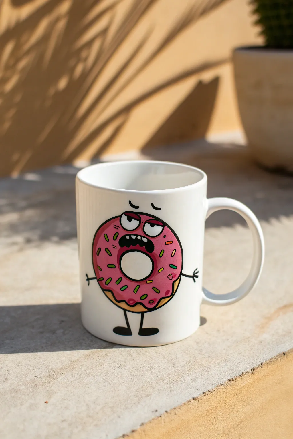 Judgy donut mug art: bold outlines, bright color pop, minimalist boho styling, camera-ready contrast
