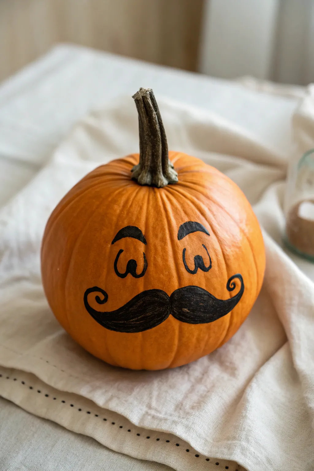 Paint a sassy pumpkin with bold brows and a curly mustache for instant autumn laughs.