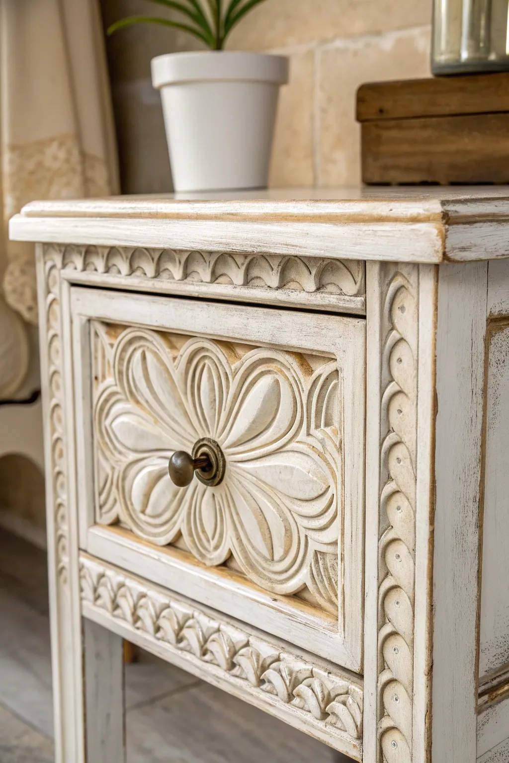 Antiqued glaze sinks into carved grooves, adding rich contrast and depth to painted furniture.