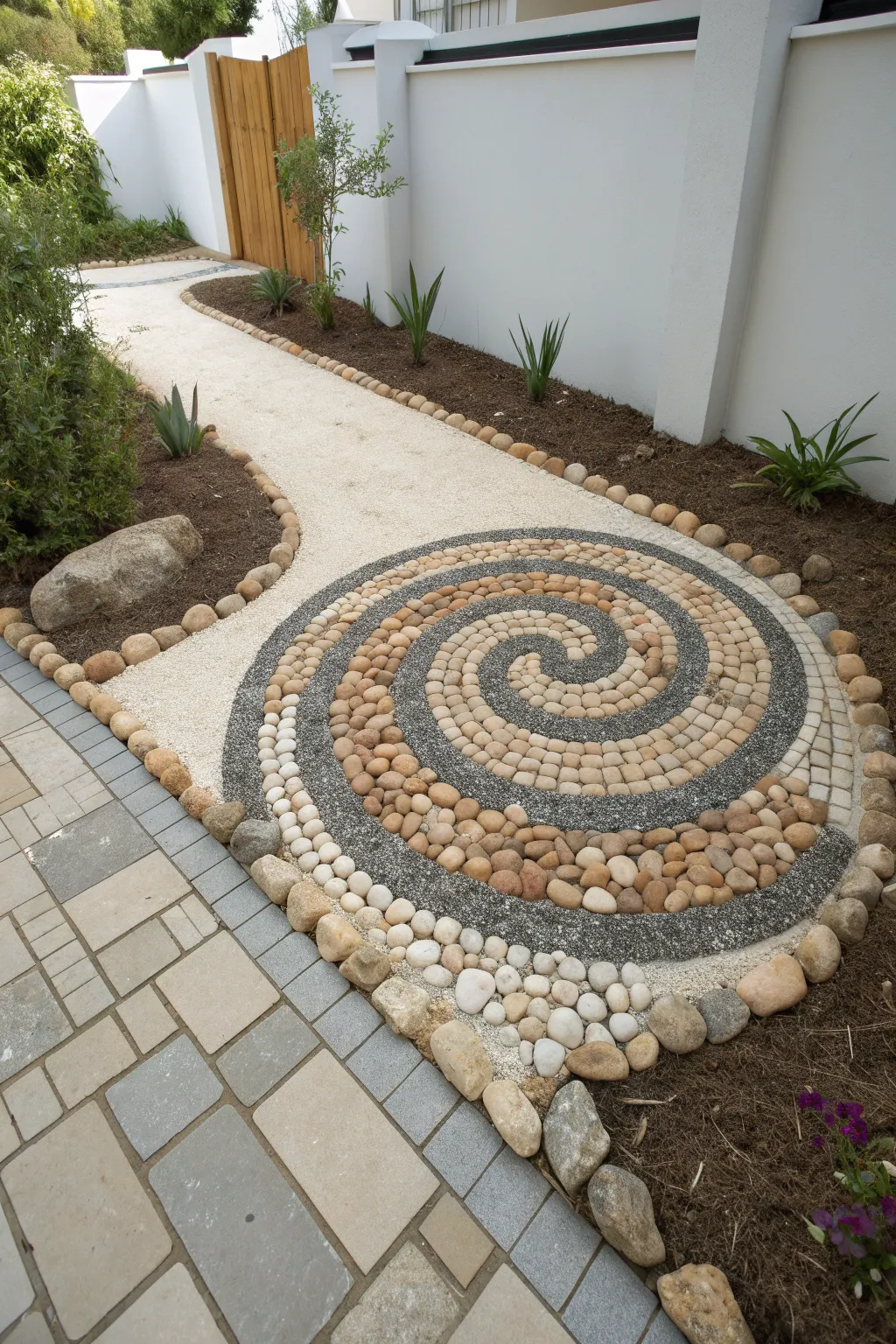 Calm pebble mosaic spiral in a pathway, sorted stones and clean curves with earthy contrast