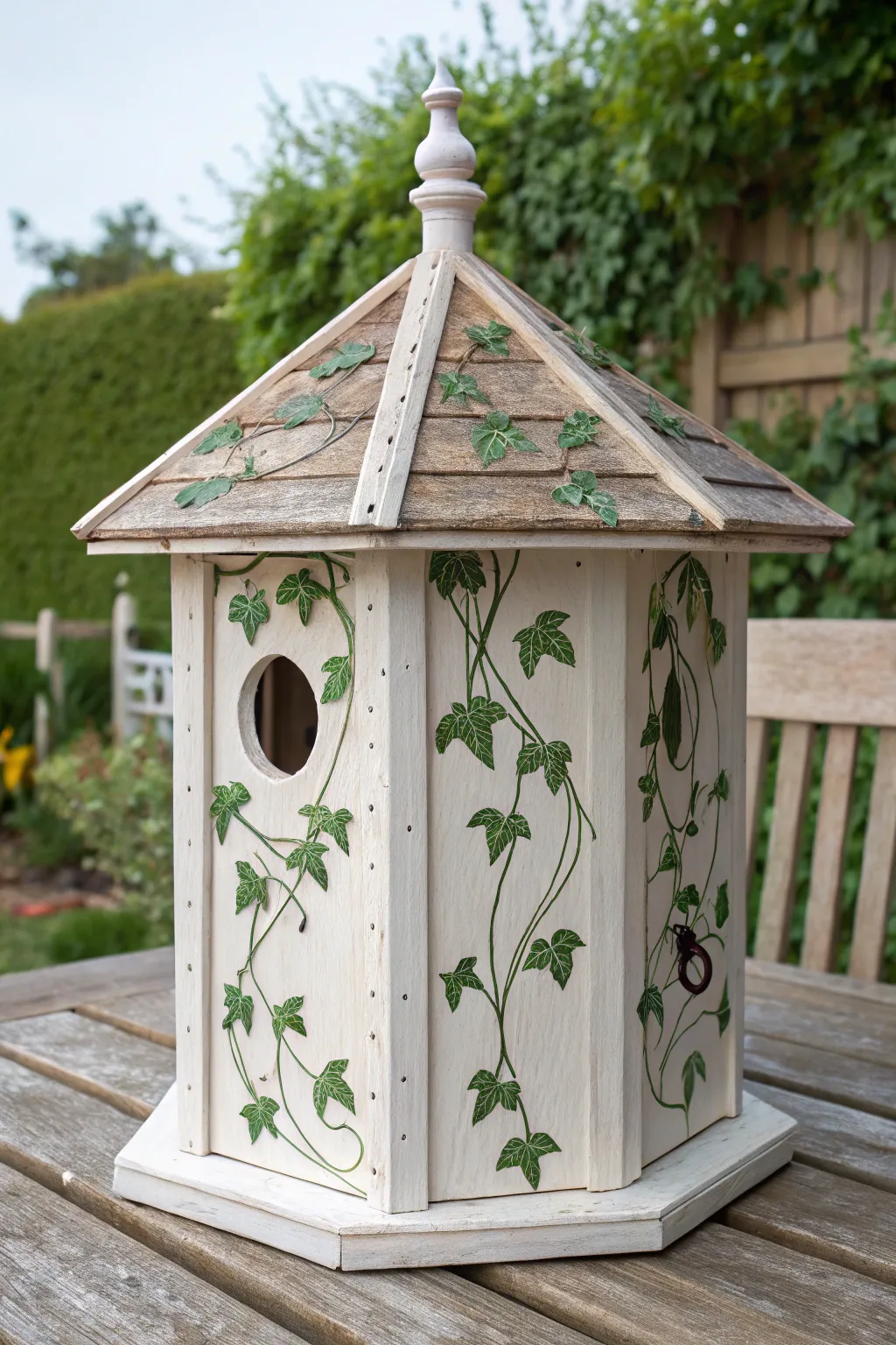 Painted green vines wrap this gazebo birdhouse, flowing seamlessly across corners for a boho touch.
