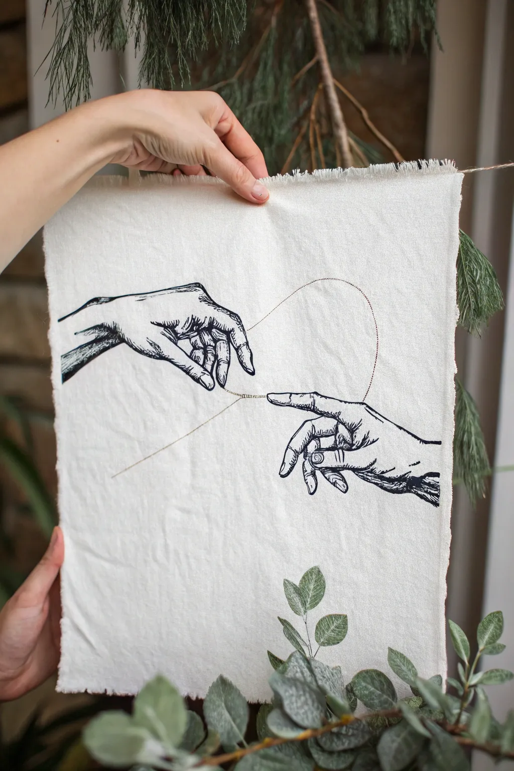 Two reaching hands linked by one thread, subtly shaping the Gemini glyph in calm minimalist style.