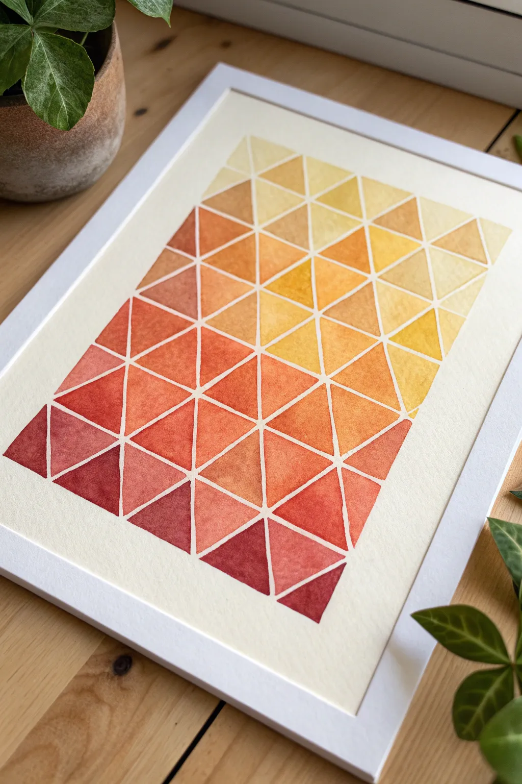 Warm gradient triangles in a clean minimalist mosaic, flowing from pale yellow to deep red