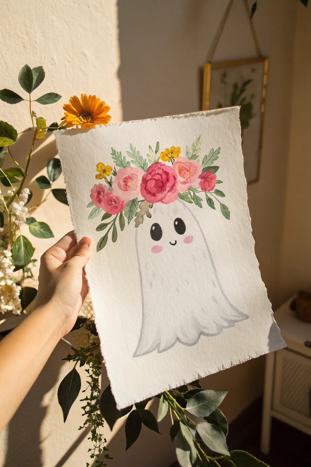 Paint a sweet minimalist ghost crowned with wildflowers for an airy boho Scandinavian vibe