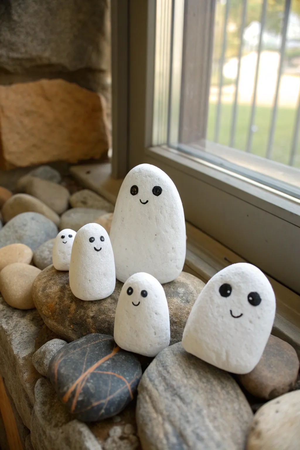Tiny ghost rock family portrait: 3–5 pebbles with sweet faces in calm minimalist style
