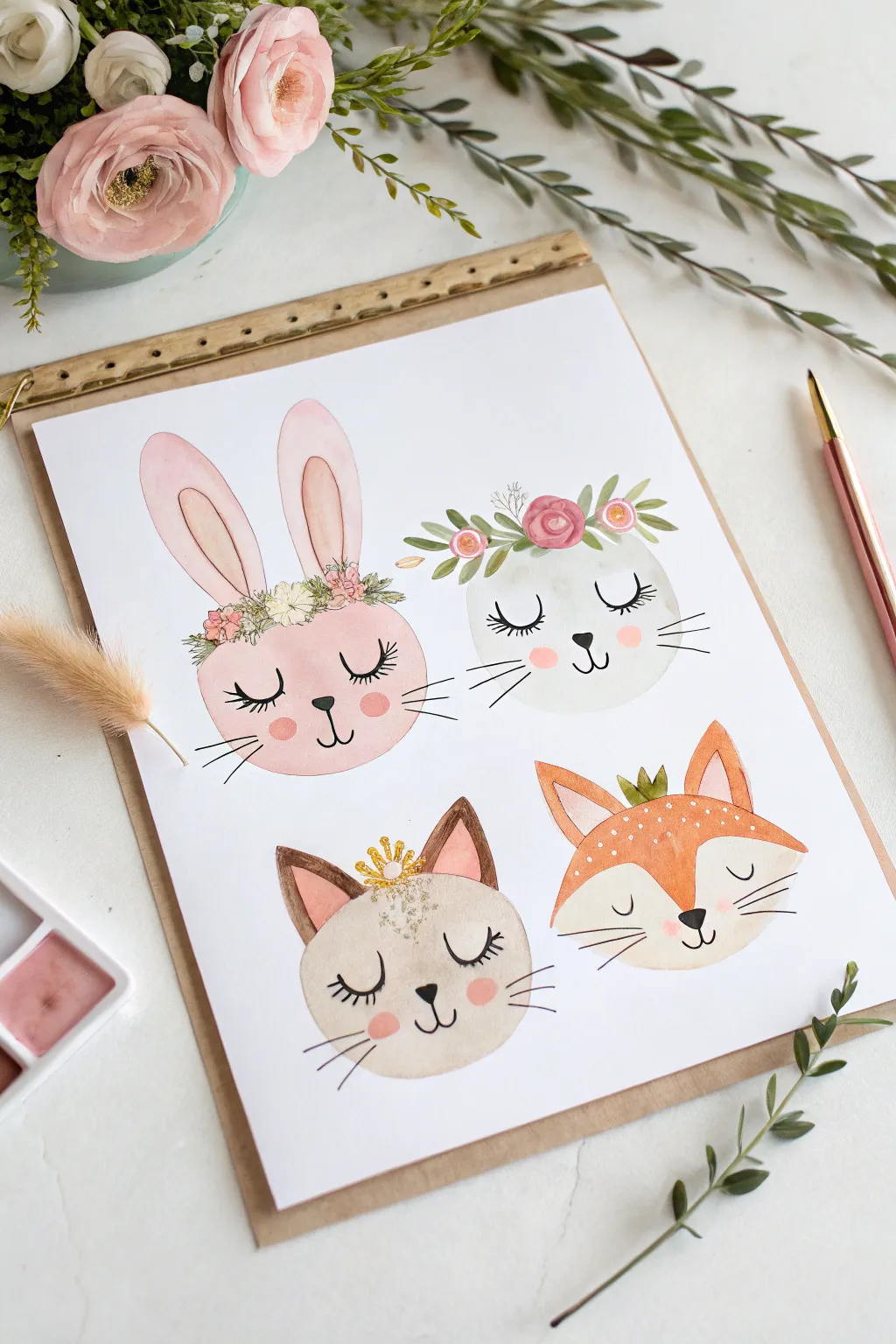 Cute cat, bunny, and fox faces with lashes and floral crowns for an easy girls night paint vibe