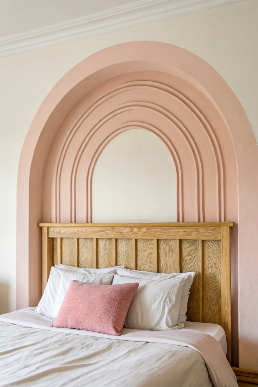 Crisp blush arch behind the headboard for an easy, feminine Scandinavian girls room update