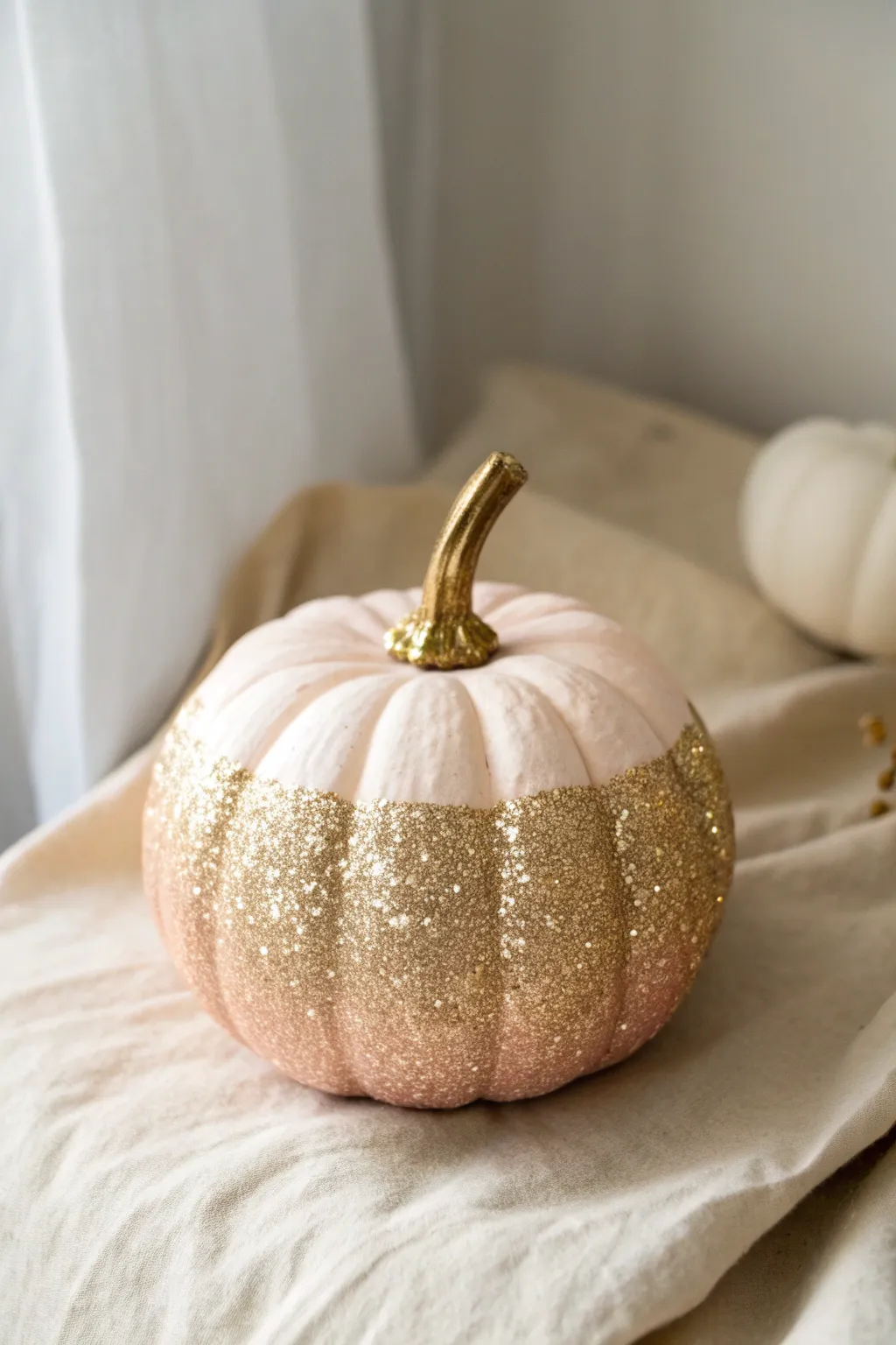 Glitter-dipped pumpkin with a soft pastel top, a chic girly fall centerpiece DIY idea.
