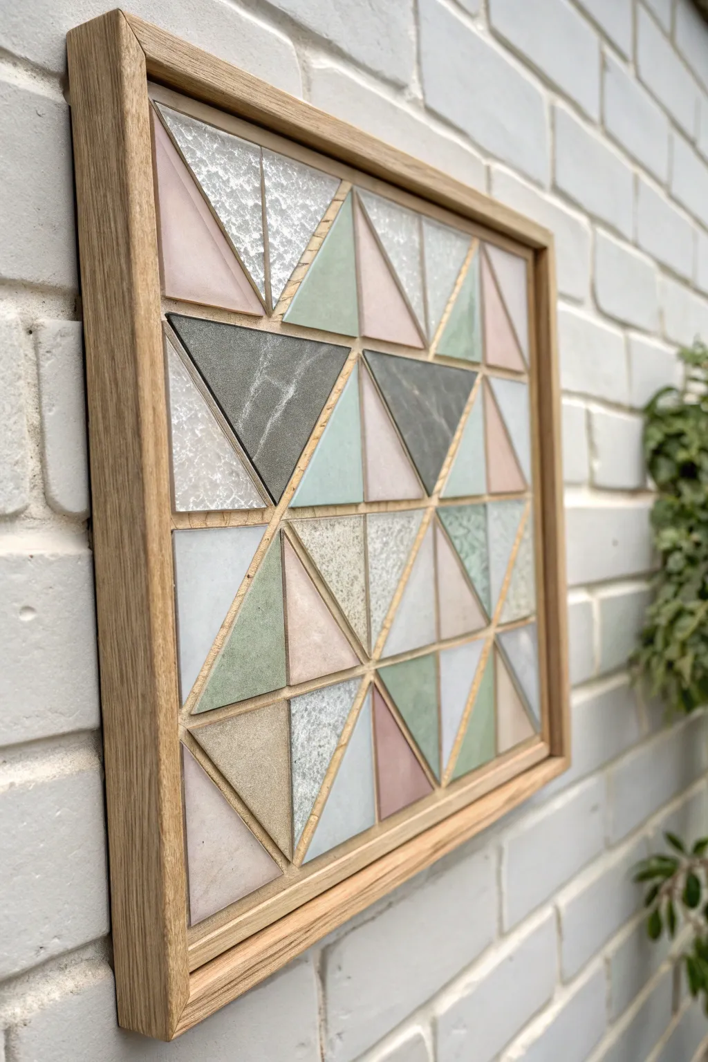 Geometric glass mosaic plaque with soft ombré tones and side-lit sparkle in minimalist style
