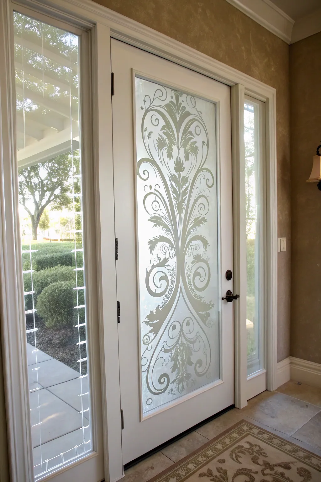 Painted etched-glass scrollwork turns a plain door into soft, frosted elegance with light and contrast.