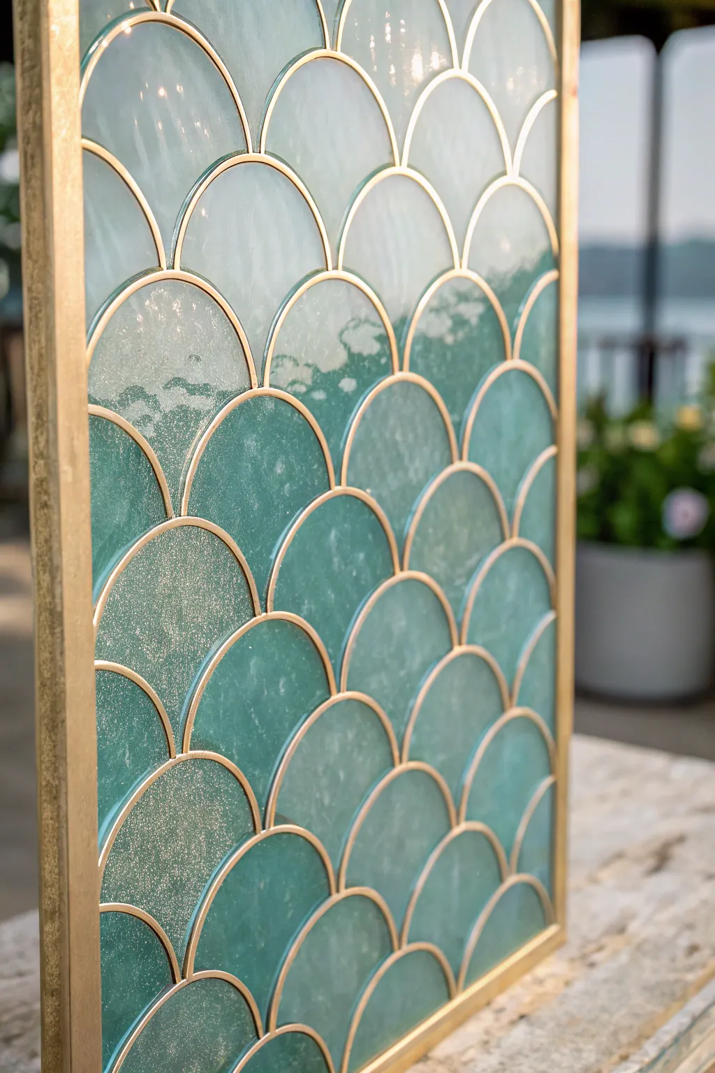 Metallic outlined teal fish-scales on glass, minimalist boho craft detail with luminous texture.