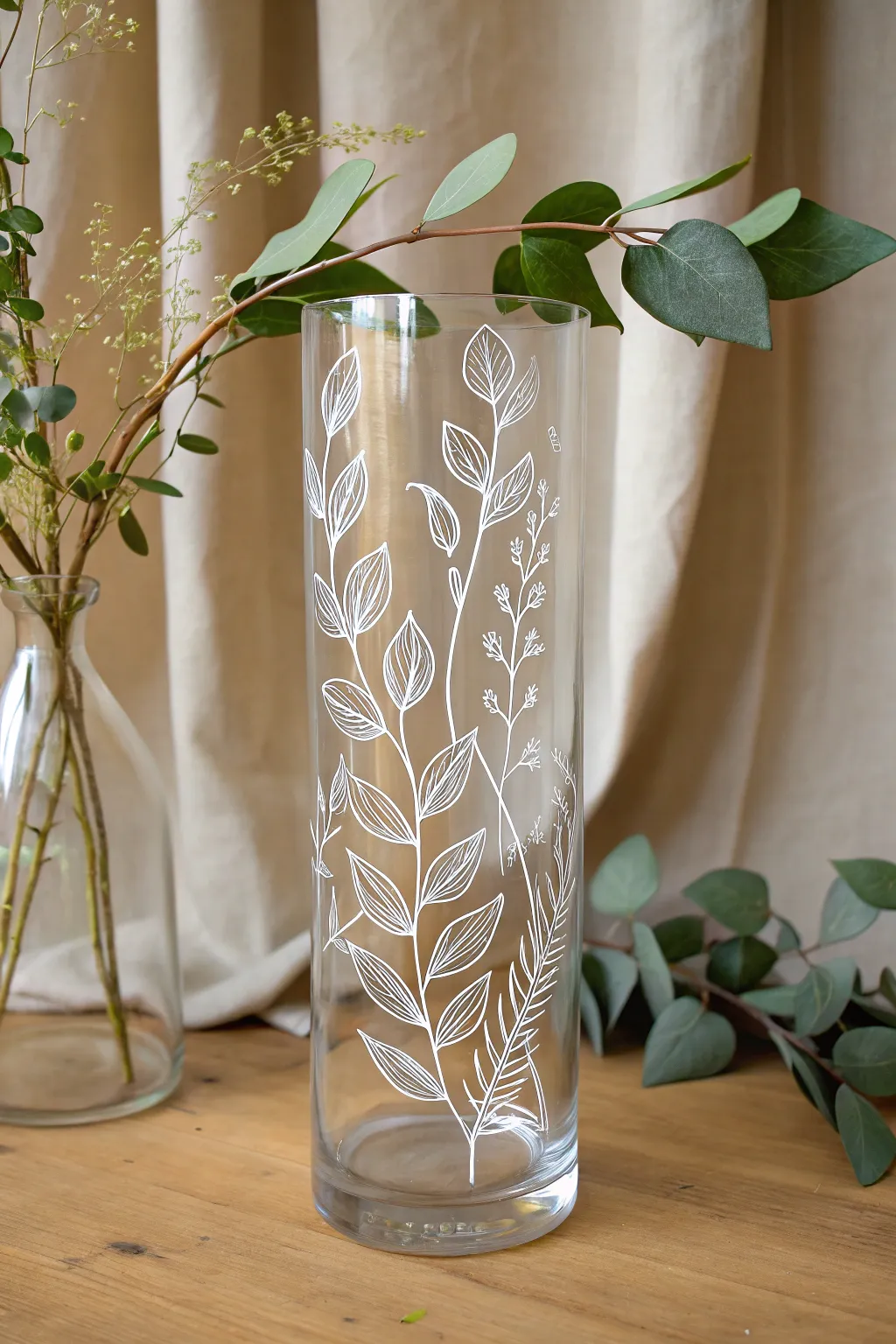 Botanical line art wraps a clear glass vase for a chic Scandinavian boho painting idea