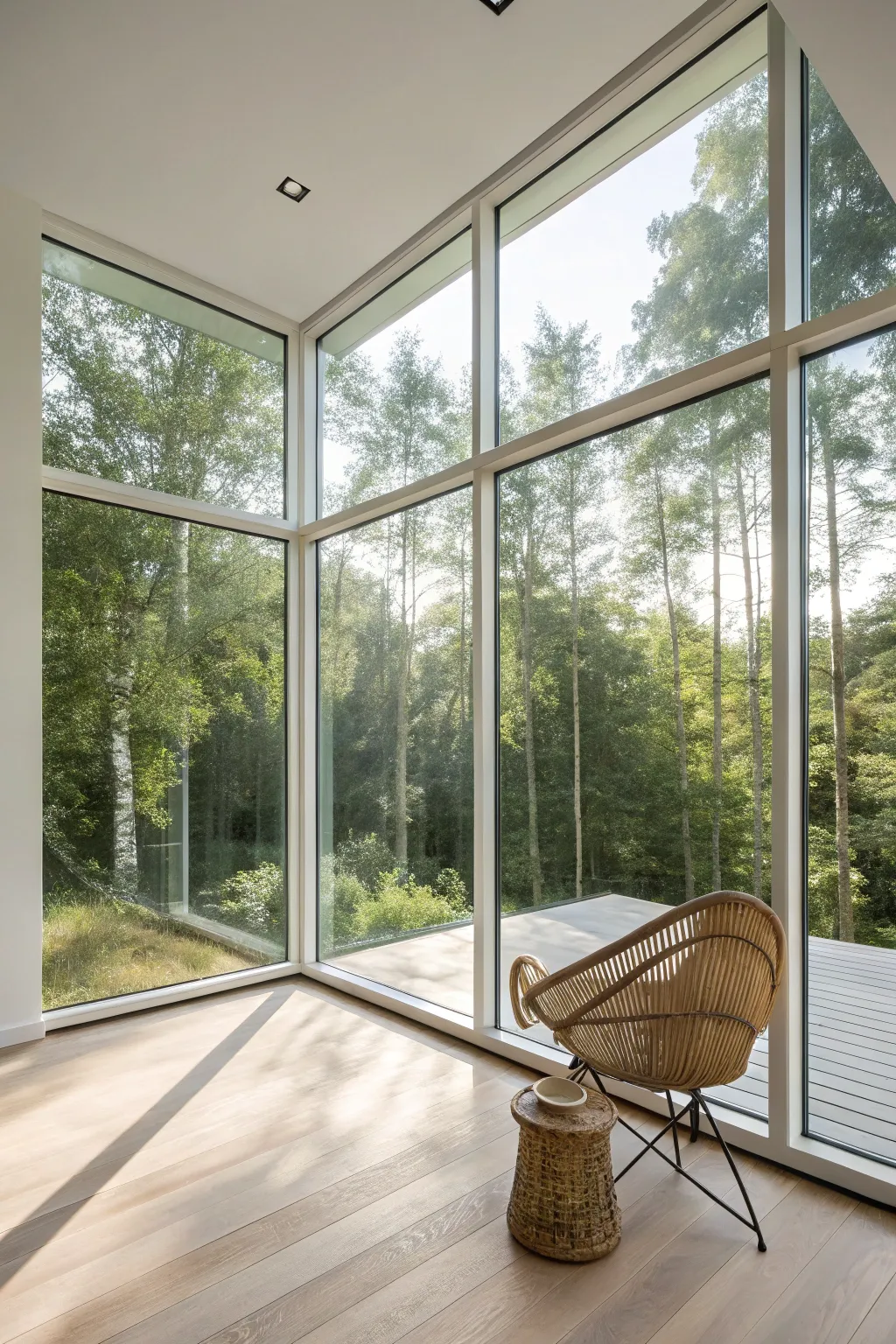 Corner glass windows that wrap daylight around the room for a calm, airy Scandinavian glow