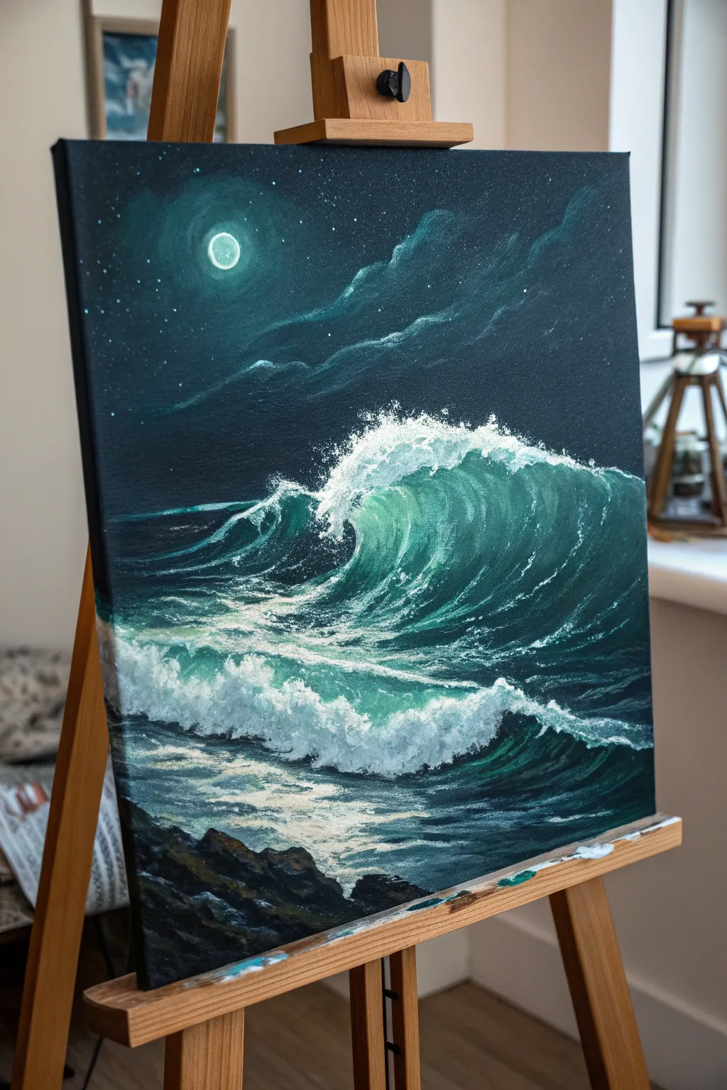 Glow-in-the-dark ocean waves: easy night seascape idea with luminous sea-foam highlights