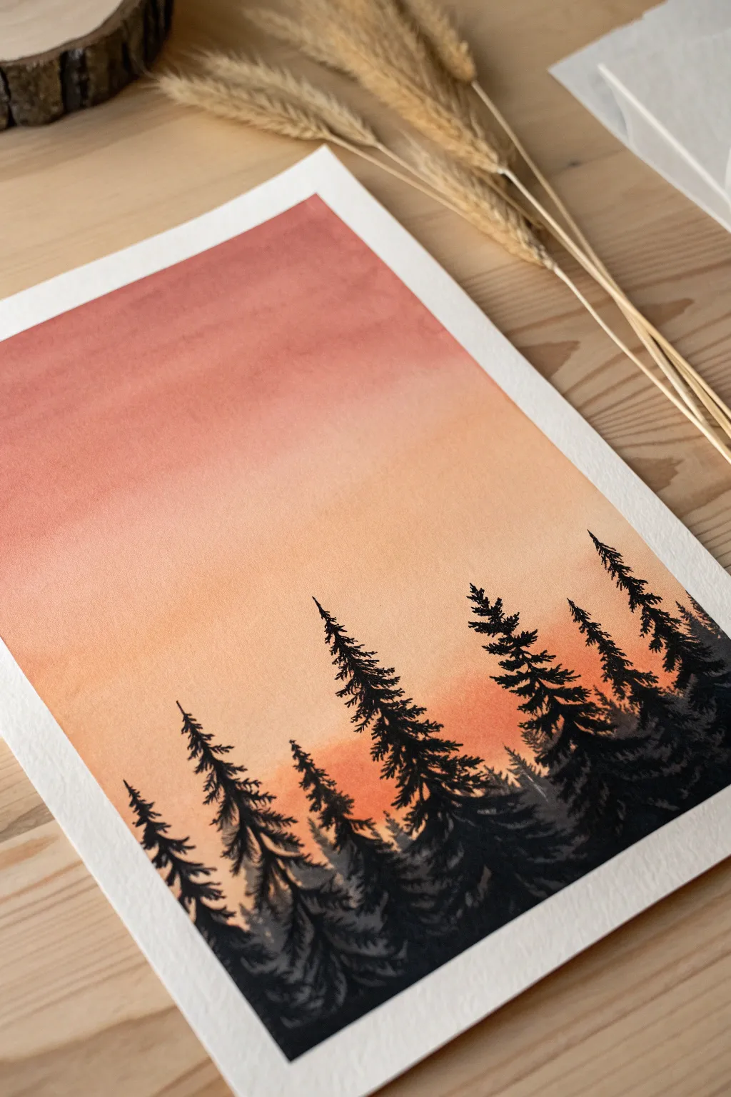 Bold sunset silhouette drawing idea: black trees on a warm gradient sky, simple and high-contrast