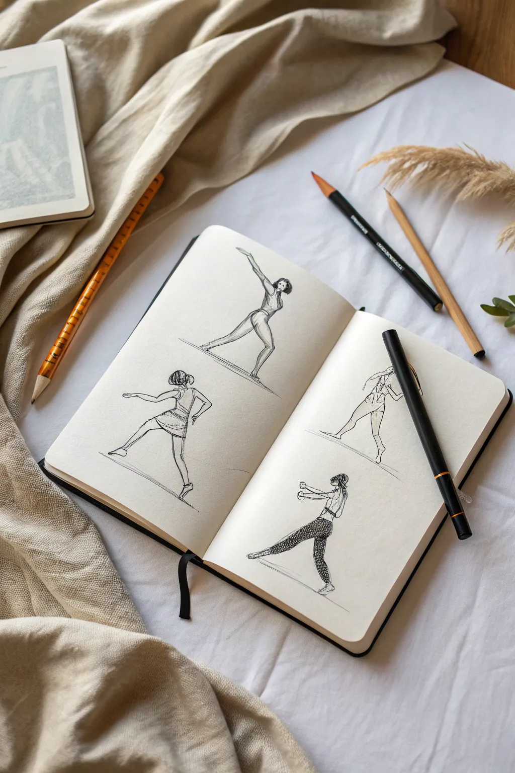 Capture motion with 5-minute full-body gestures and flowing rhythm lines on clean paper.