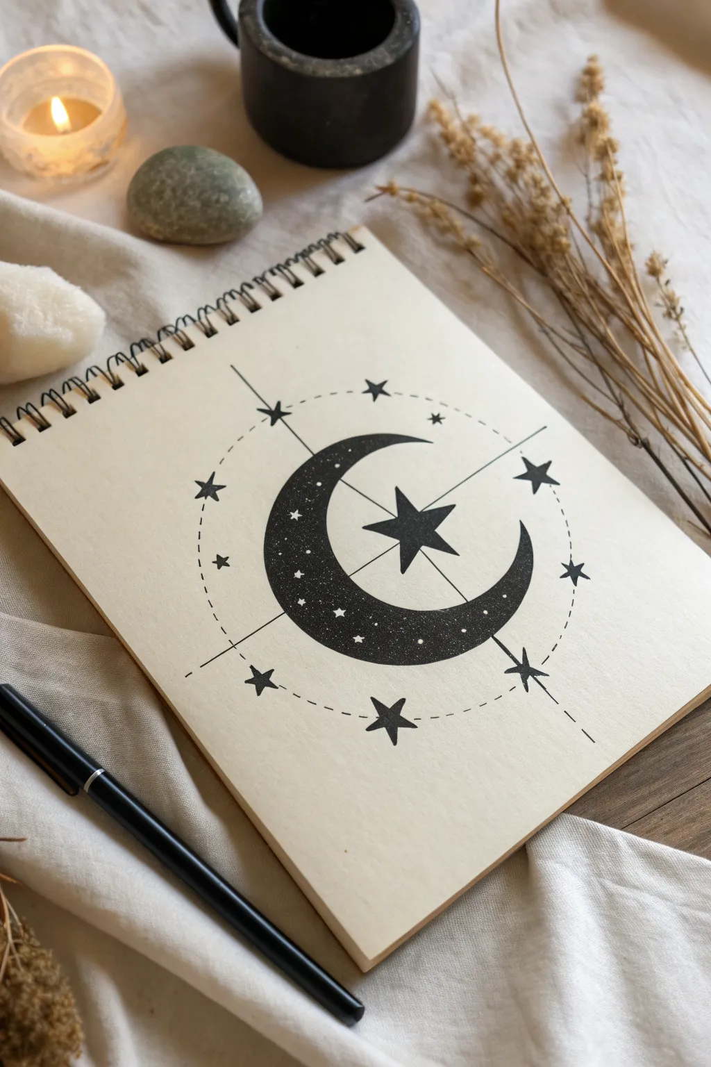 Simple gothic crescent moon with sharp stars in bold black ink, clean minimalist contrast.