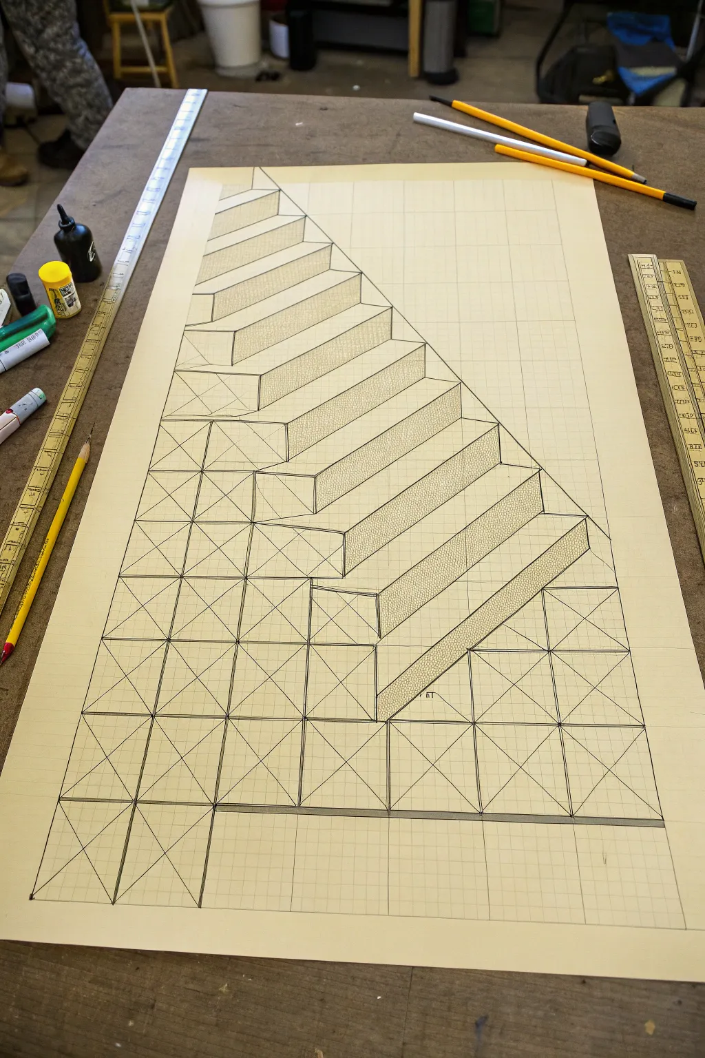 Isometric stair-step illusion on graph paper for an easy, satisfying 3D drawing practice