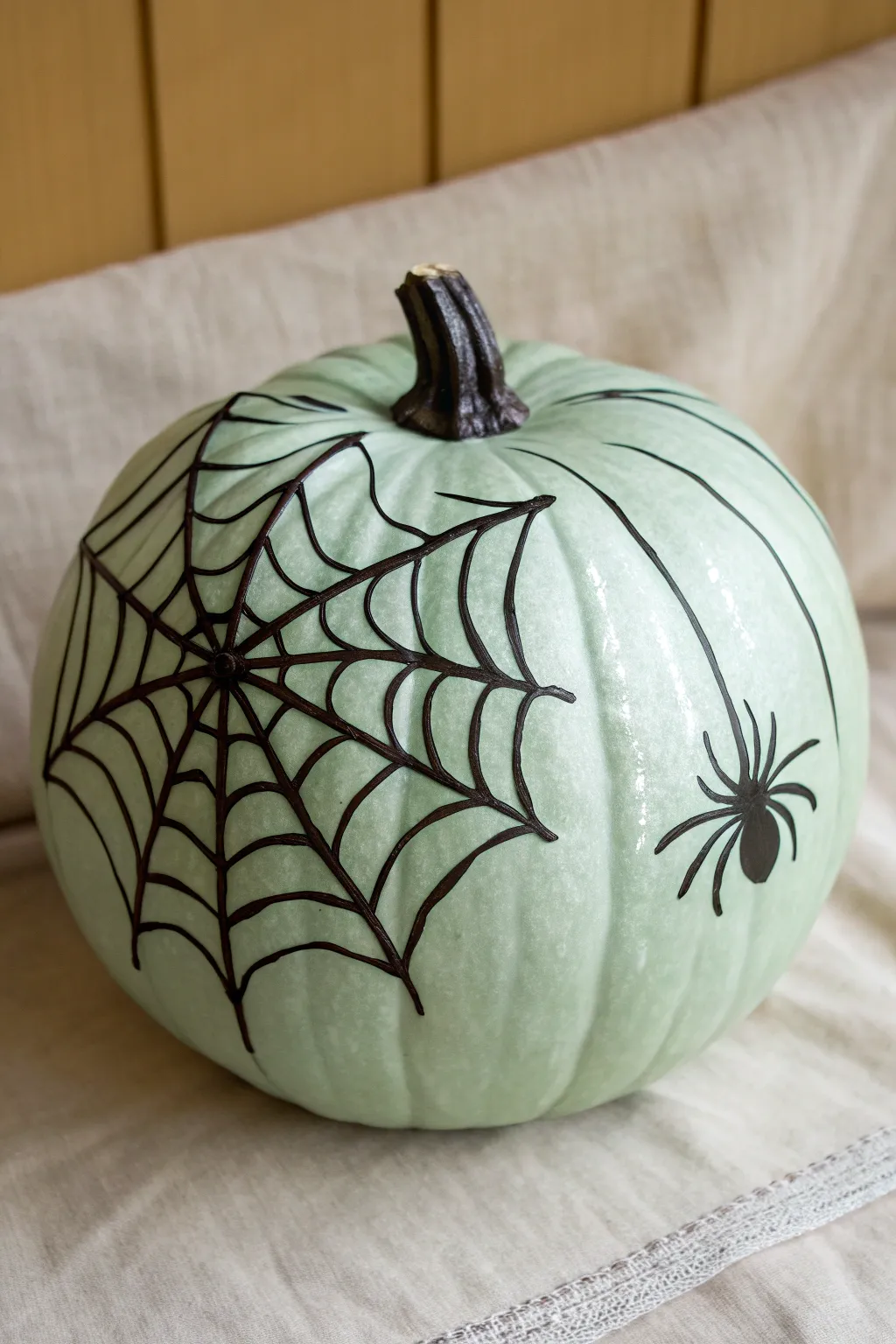 Creepy-chic pale green pumpkin with crisp black web lines and bold spider silhouette.