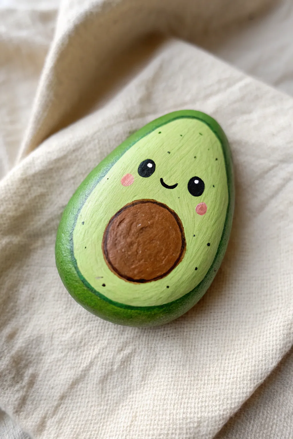 DIY avocado character rock in fresh greens, minimalist boho style with a matching half beside it