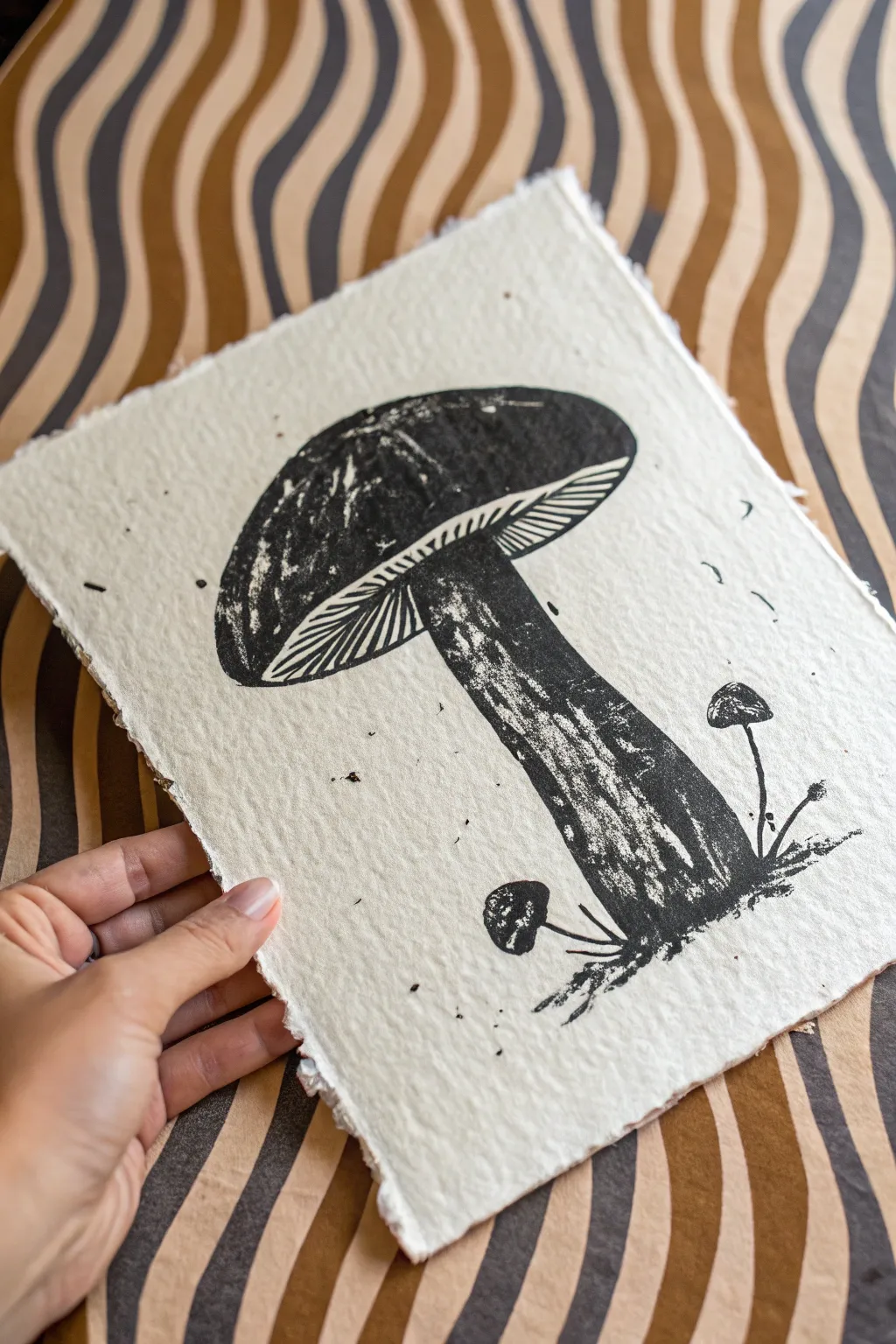 Chunky grunge mushroom silhouette with wavy trippy stripes, minimal boho palette and bold contrast