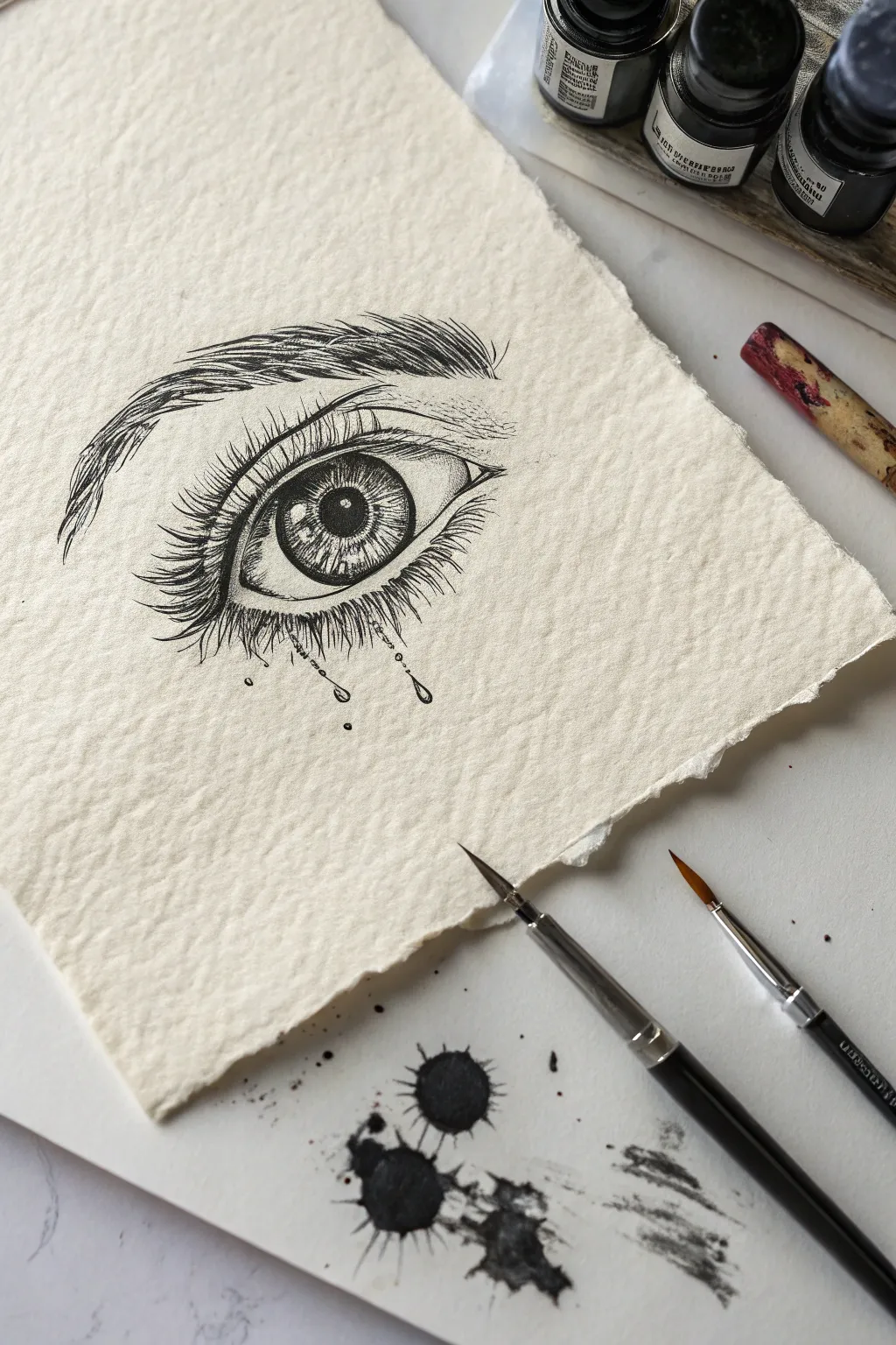 A moody melting eye with inky drips and splatter, minimal and bold for grunge sketch practice