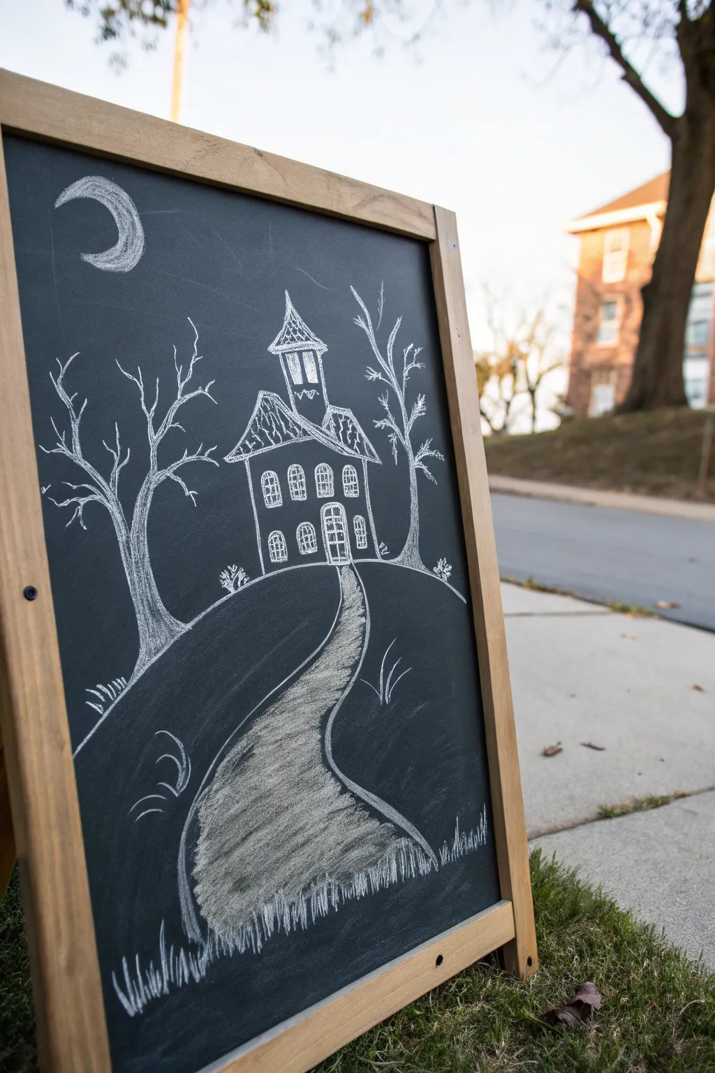 Minimal haunted house chalk art with misty fog and a winding path, cozy spooky vibe