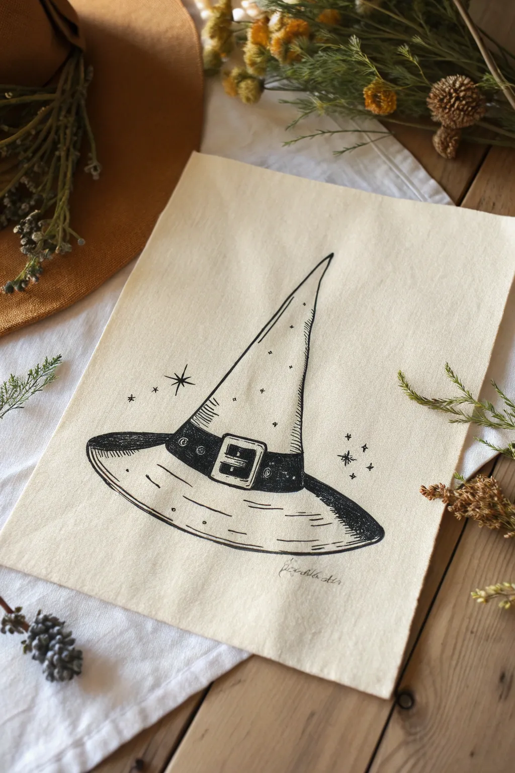 Easy Halloween sketch: minimalist witch hat with buckle, clean lines and a cozy boho vibe.