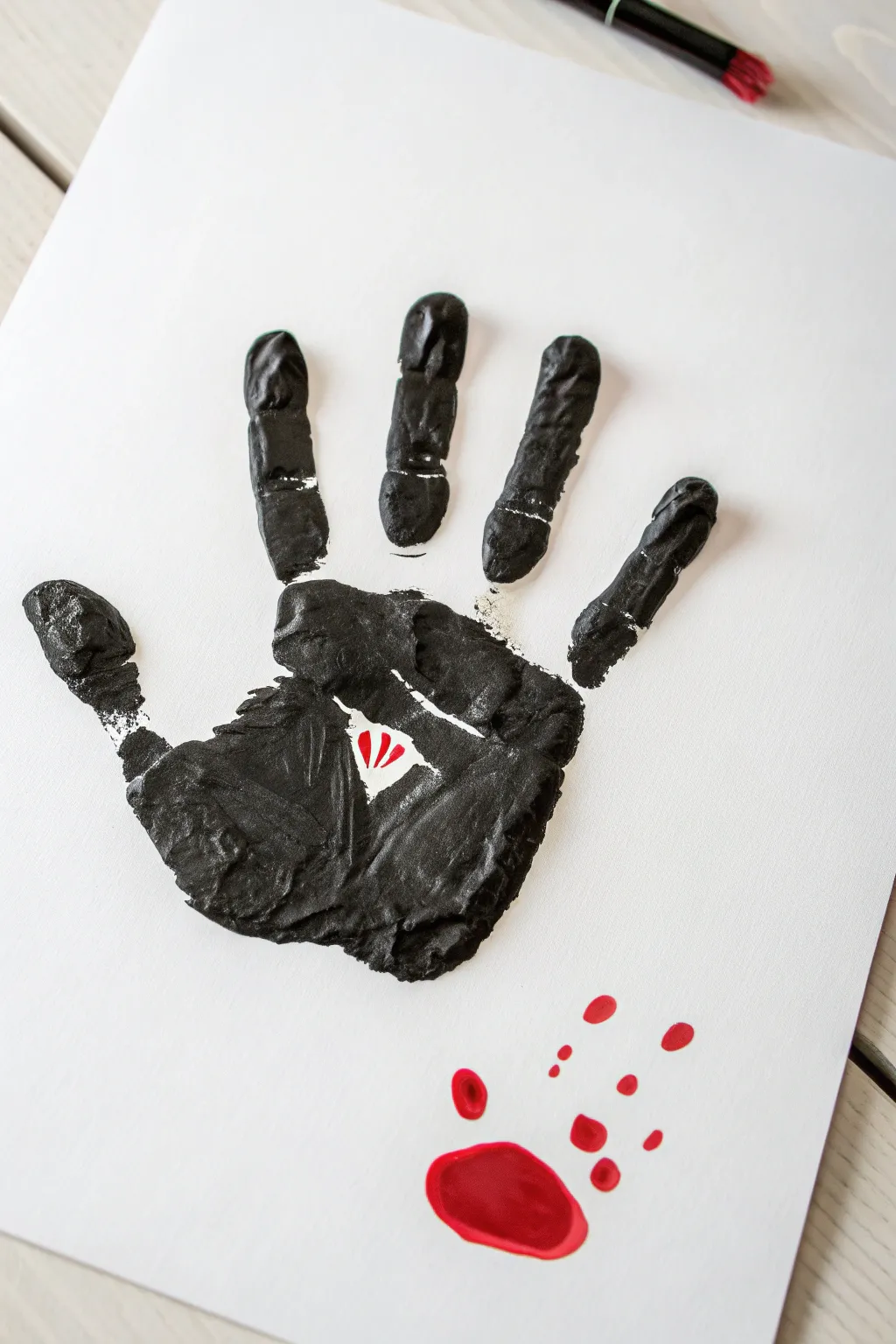 Minimalist vampire handprint cape with bold black collar and a deep red mouth accent