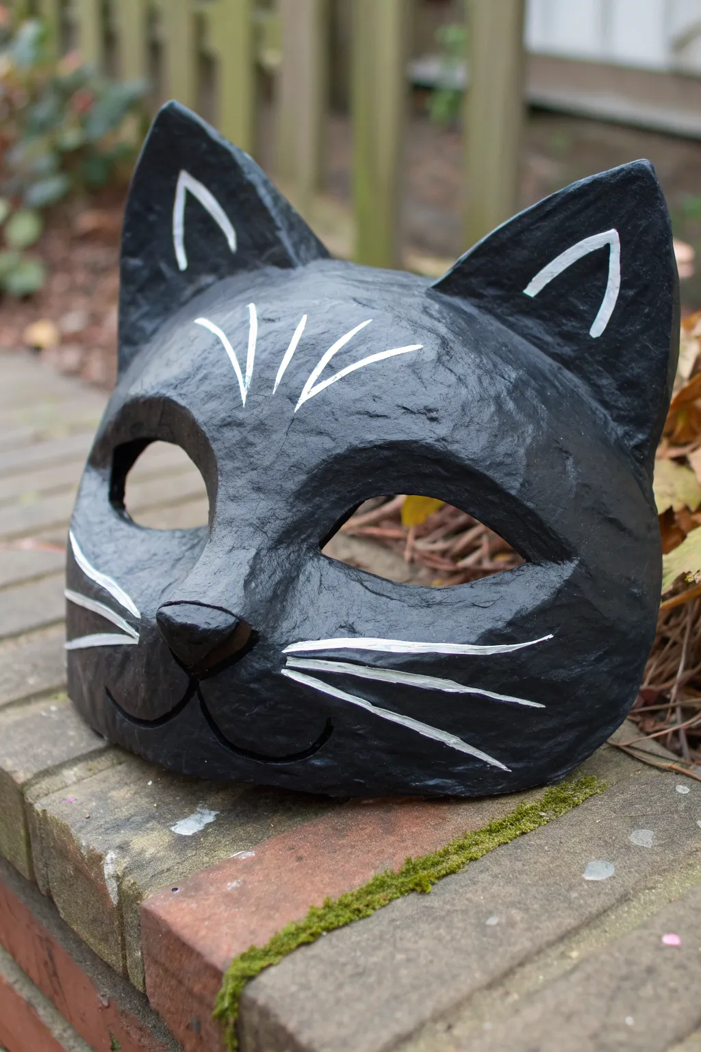 Minimal black cat Halloween mask with crisp whiskers, cute nose, and soft gray highlights