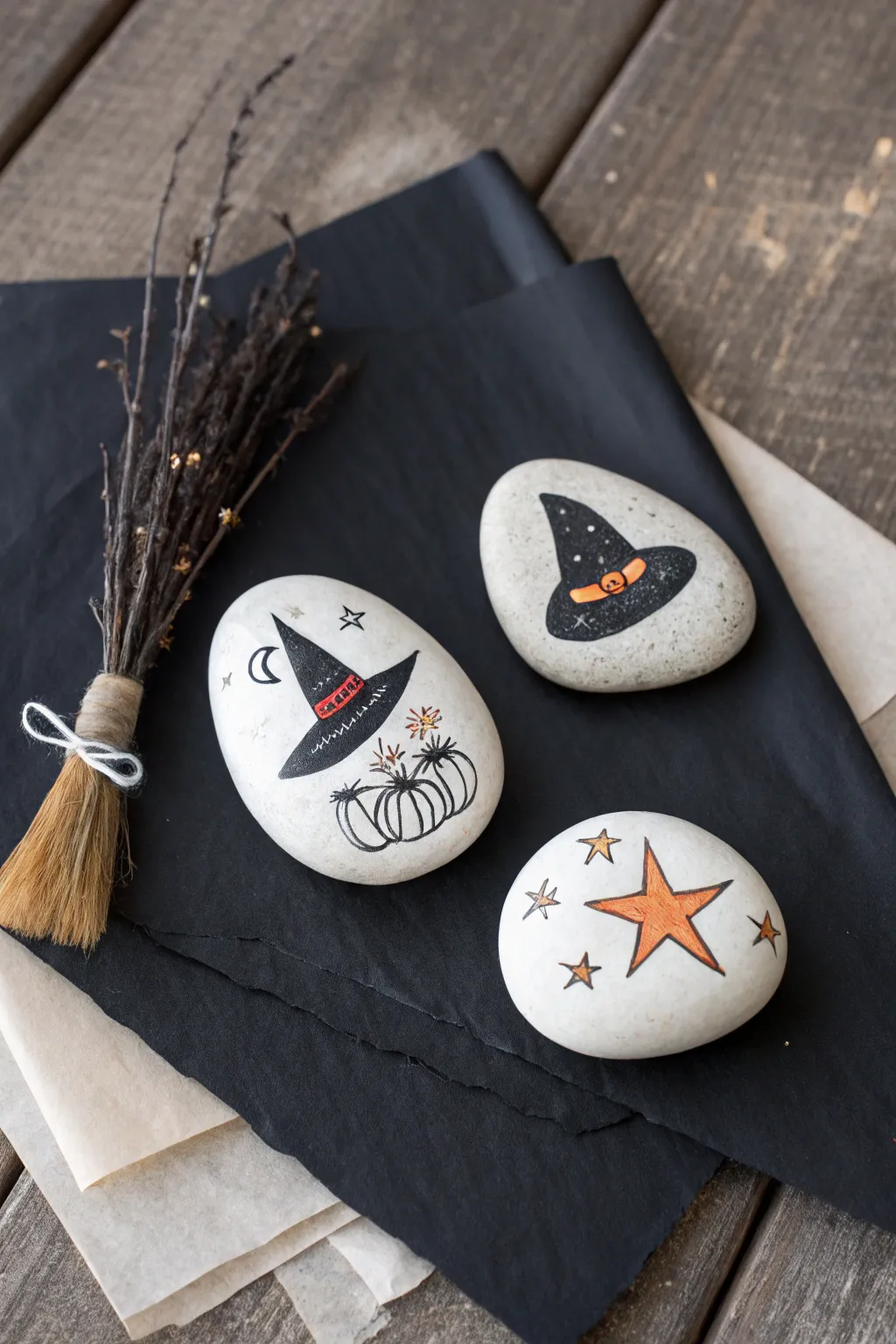 Minimal witch hat, broom, and starburst painted rock trio on dark paper for Halloween decor