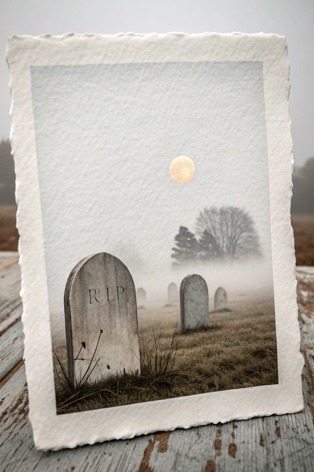 Minimal foggy graveyard painting: rounded tombstones fading into moonlit mist, calm and chic.