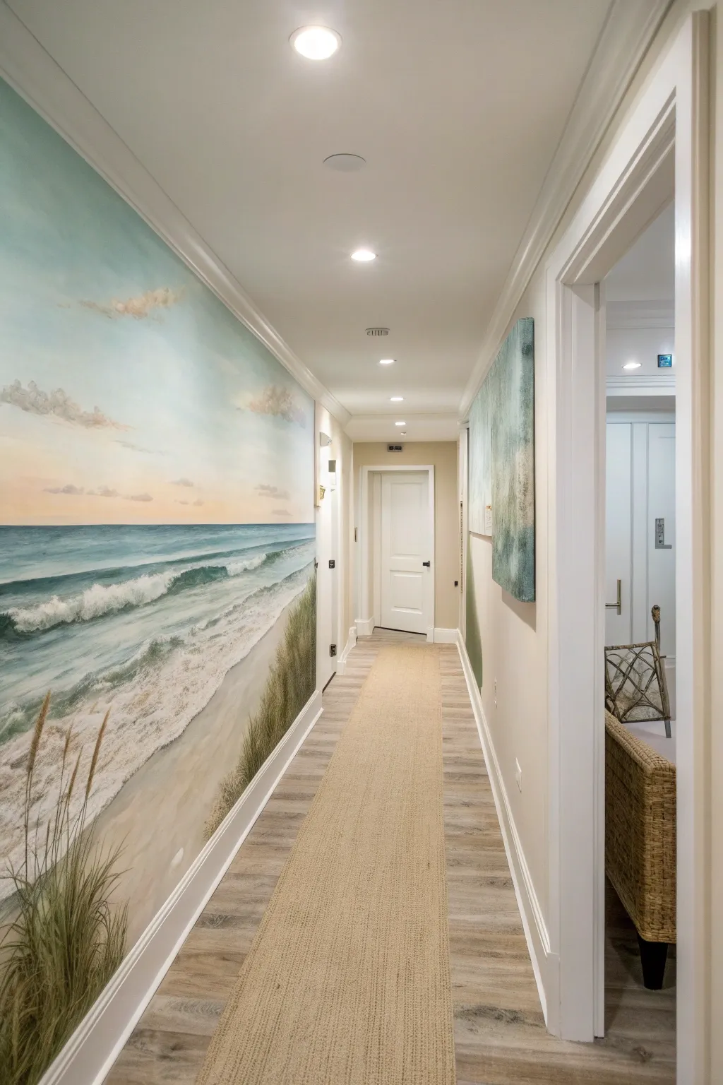 Coastal horizon mural in sandy neutrals and soft blues to open up a calm, airy hallway.