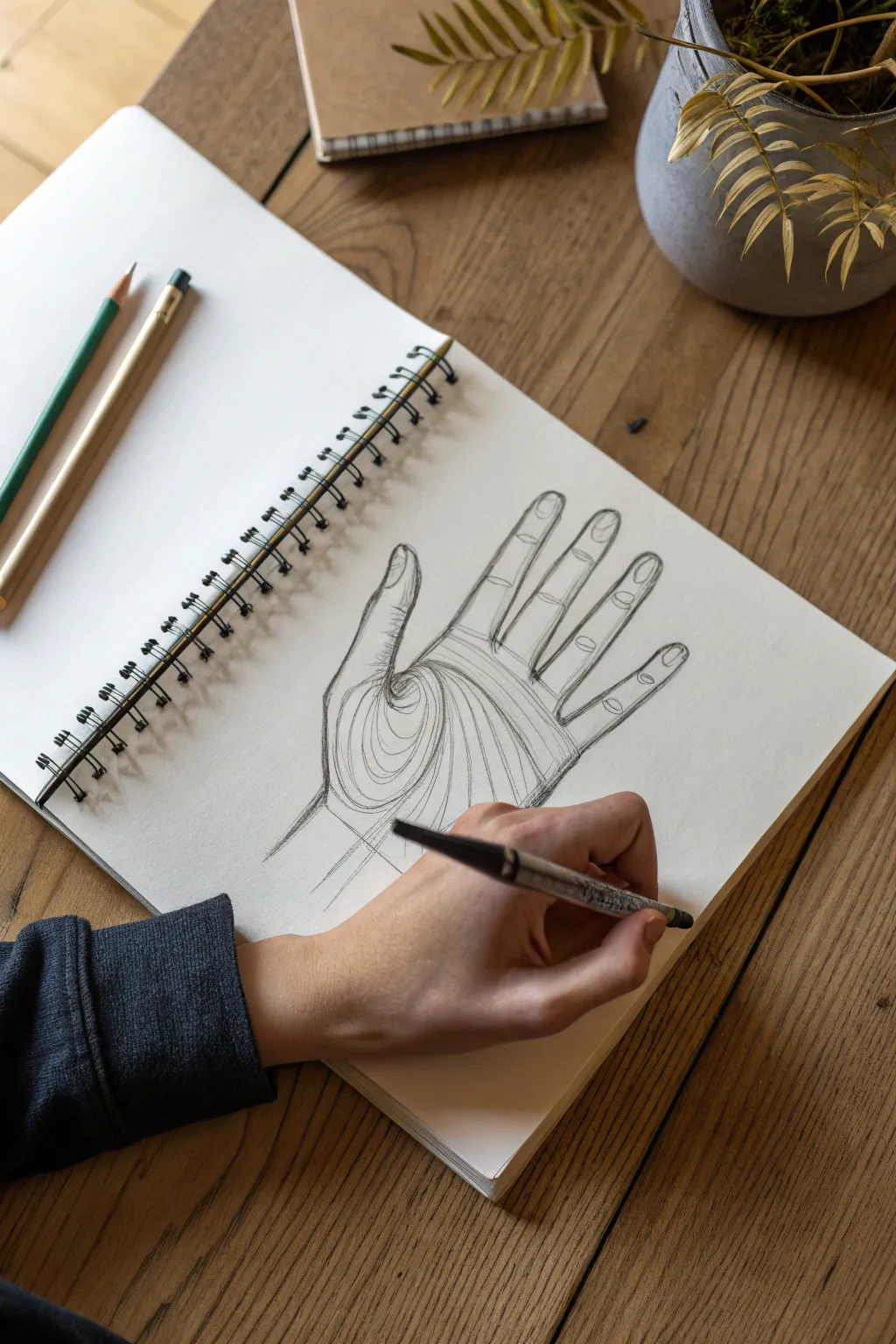 Watch a hand take shape: gesture lines to boxes and cylinders, then a clean finished outline.